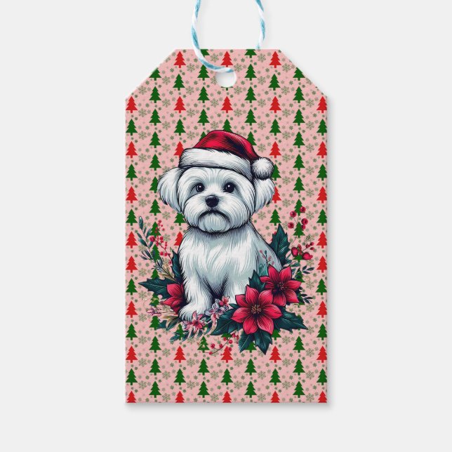 Blommigt Festive Maltese Hund med Santa Hat Julaft Presentetikett (Framsidan)