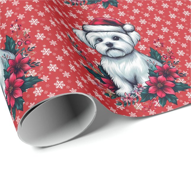 Blommigt Festive Maltese Hund med Santa Hat Julaft Presentpapper (Rullad Hörn)