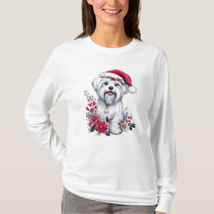 Blommigt Festive Maltese Hund med Santa Hat Julaft T Shirt