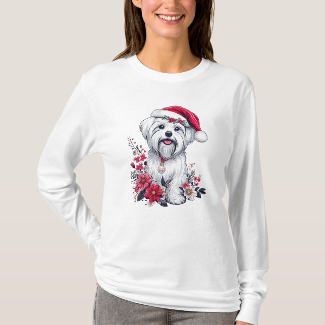Blommigt Festive Maltese Hund med Santa Hat Julaft T Shirt (Framsida)