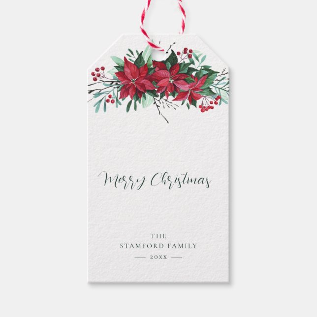 Blommigt Festive Poinsettia-Helgdagar Presentetikett (Framsidan)