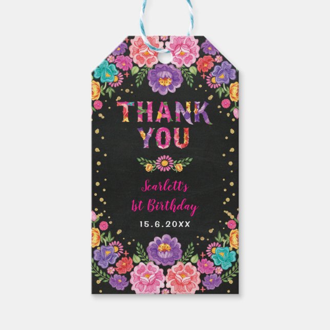 Blommigt Fiesta Birthday Little Senorita Tack Presentetikett (Framsidan)