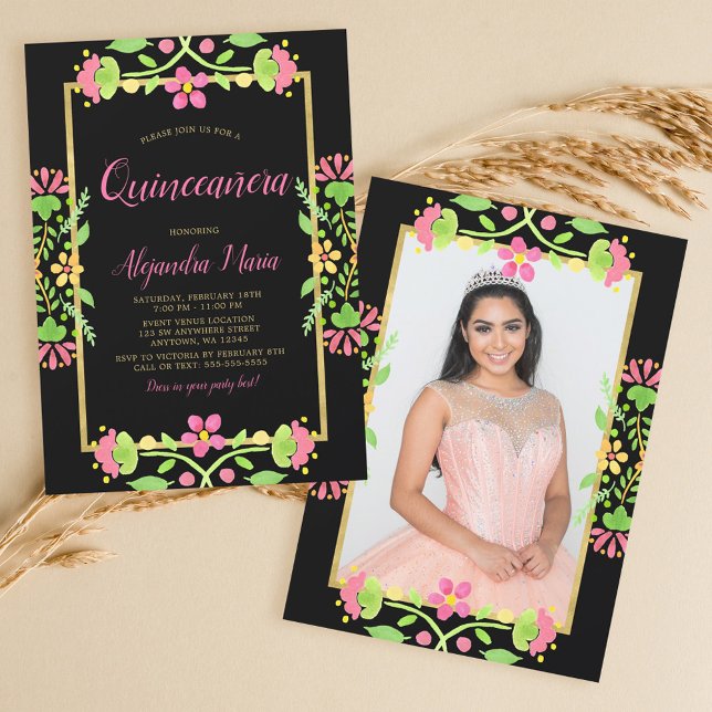 Blommigt Fiesta Black Guld Quinceanera Photo Inbjudningar (Skapare uppladdad)