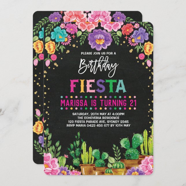 Blommigt Fiesta Födelsedagsfest Mexikanska blomman Inbjudningar (Fram/baksida)