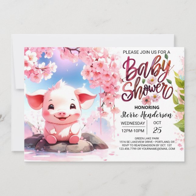 Blommigt Fiesta Pigletts Rosa Farm Baby Shower Inbjudningar (Framsida)