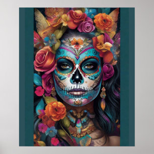 Blommigt Fiesta: Woman Embraces Dia de los Muertos Poster