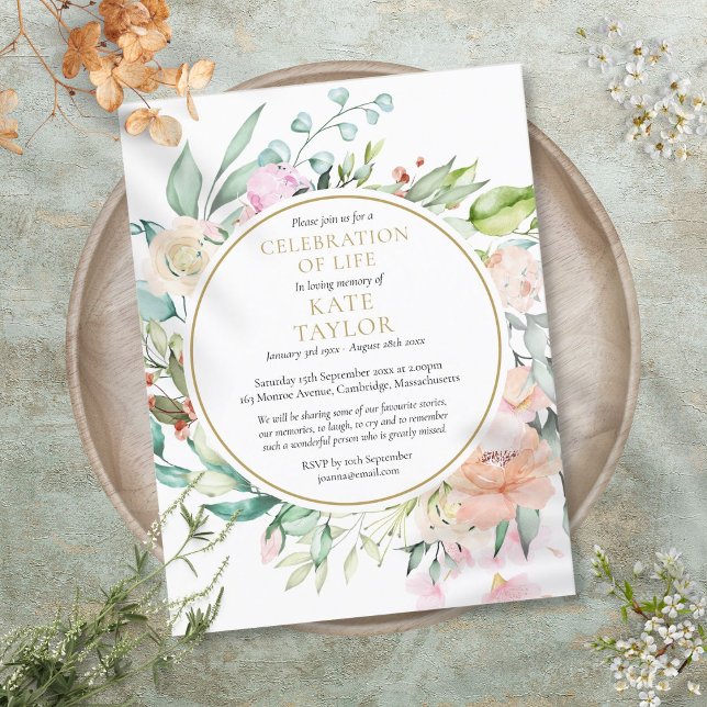 Blommigt Firande av livets begravningsinbjudan Meddelande Vykort (Floral Celebration of Life Funeral Invitation)