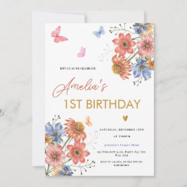Blommigt First Birthday Girl Vår blommor 1:a Inbjudningar