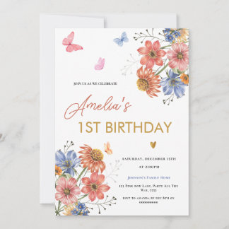 Blommigt First Birthday Girl Vår blommor 1:a Inbjudningar