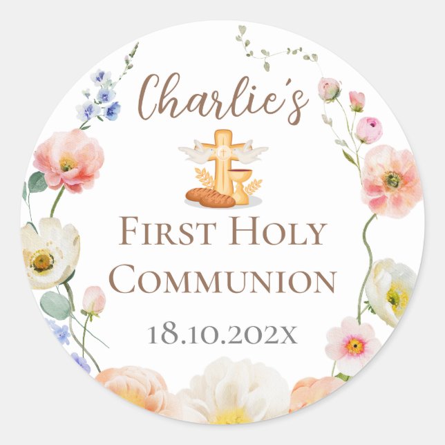 Blommigt First Communion Stikers Runt Klistermärke (Framsida)