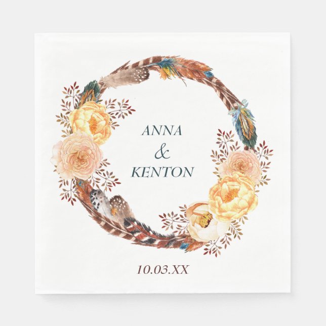 Blommigt Fjäderfä Bröllop Pappersservett (Framsidan)