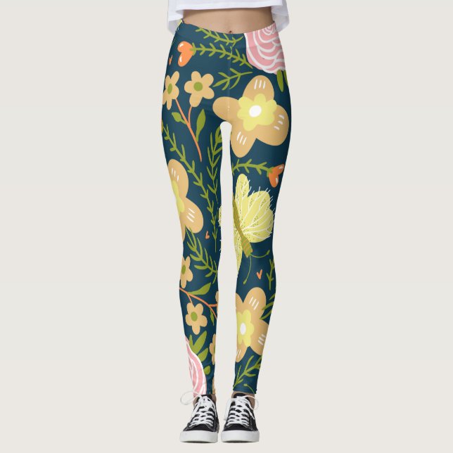 Blommigt, fjäril och sömlös Elegant Leggings (Framsida)