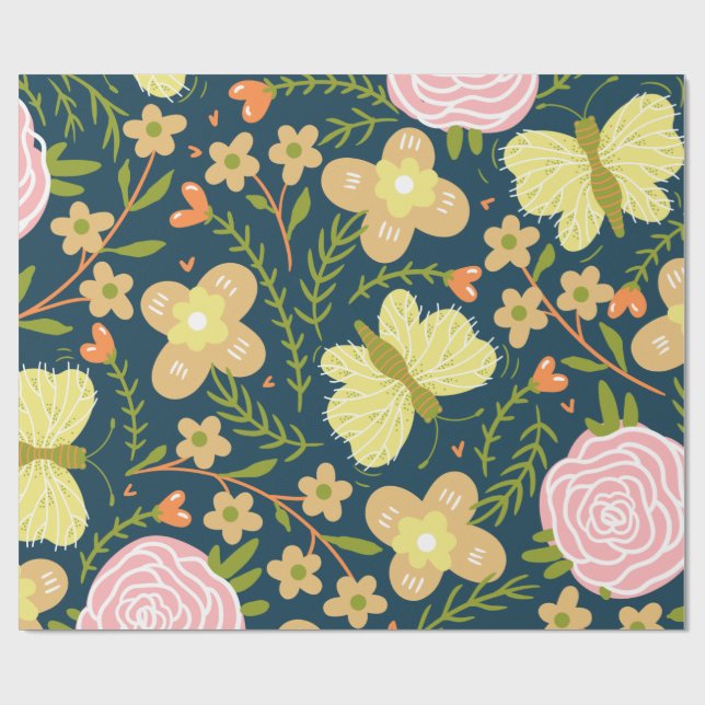 Blommigt, fjäril och sömlös Elegant Presentpapper (Platt)