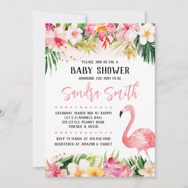 Blommigt Flamingo Baby Shower Inbjudningar (Framsida)