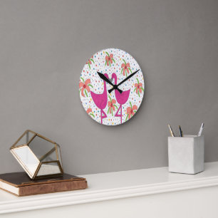 Blommigt Flamingo Fiesta Rund Klocka