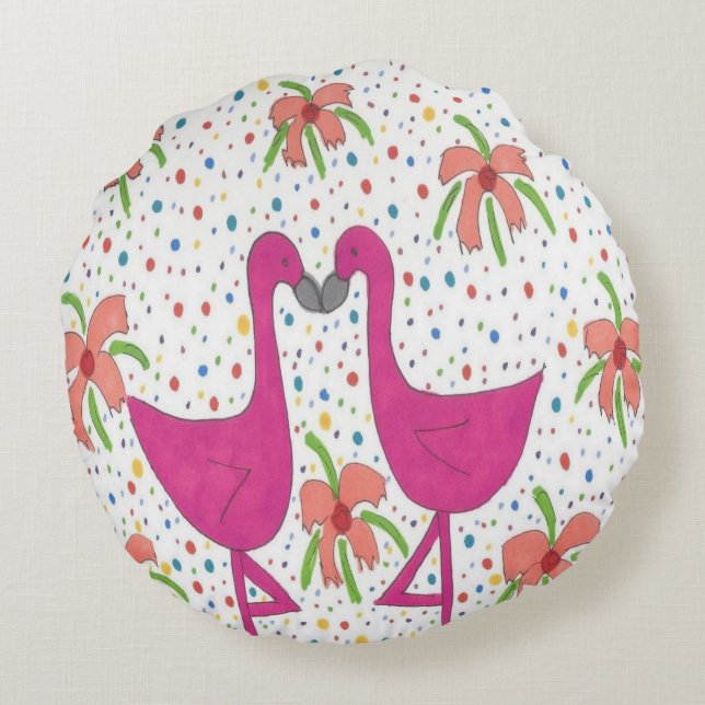 Blommigt Flamingo Fiesta Rund Kudde (Baksidan)