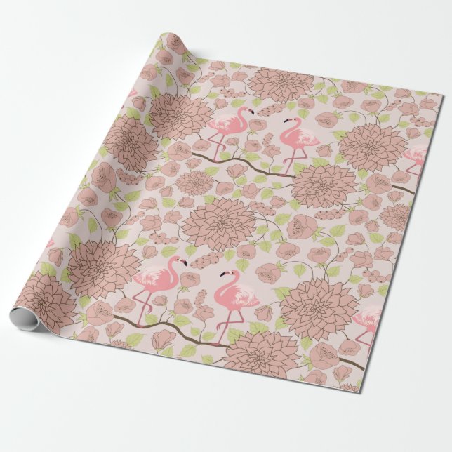 Blommigt Flamingo Presentpapper (Utrullad)