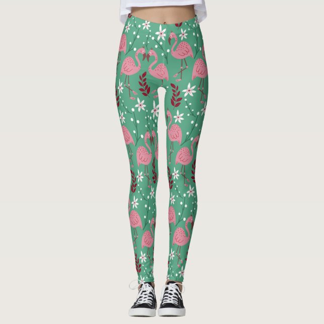 Blommigt flamingo sömlös mönster rosa grönt leggings (Framsida)