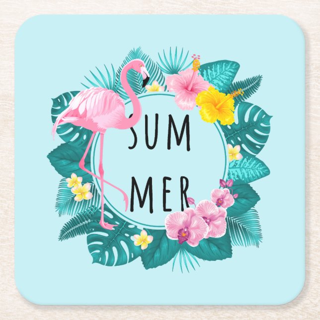 Blommigt Flamingo Summer Bliss Underlägg Papper Kvadrat (Framsidan)