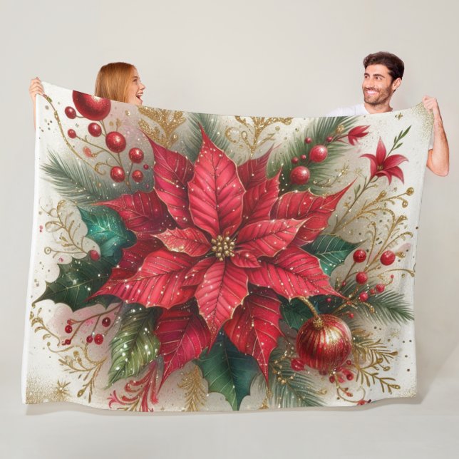 Blommigt Fleece Blanket, Julrött Poinsettia (På plats)