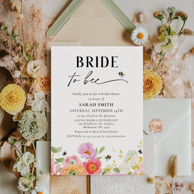 Blommigt flerfärgad Möhippa mellan färgad brud och Inbjudningar (Bride To Be Bridal Shower Invitation Car Template, Bright Floral Bee Themed Bridal Shower Invite)