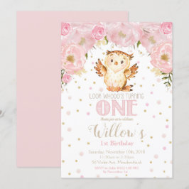  Blommigt flicka i uggla 1:a födelsedagsinbjudan Inbjudningar