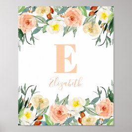Blommigt flicka monogram. Nursery-blommor namn Poster