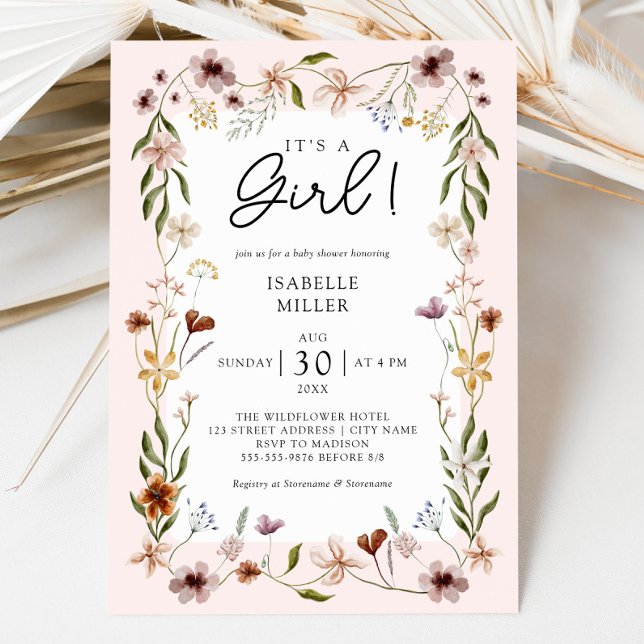 Blommigt Flicka Shower Rosa Inbjudningar (Floral Baby Girl Shower Pink Invitation)