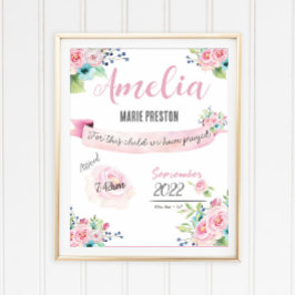 Blommigt Flicka Watercolor Birth Statistics Rosa Poster