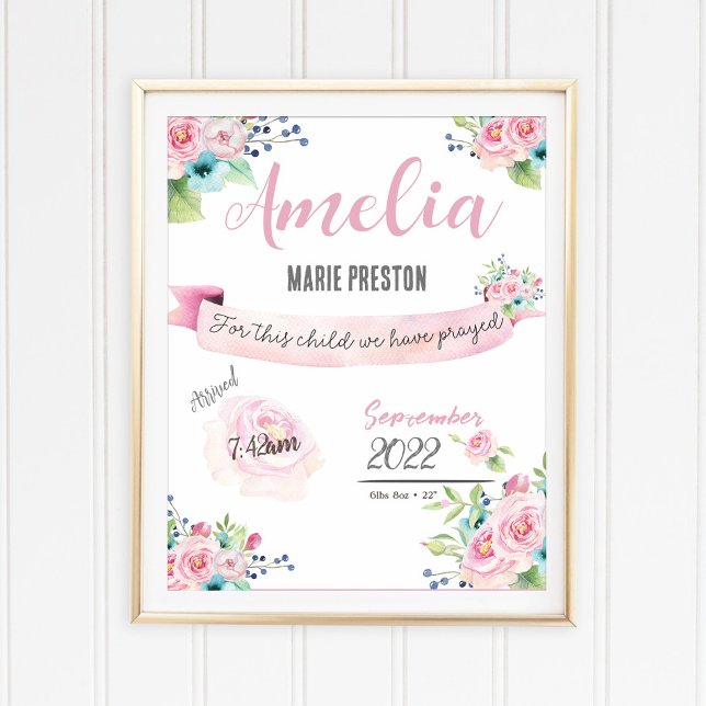 Blommigt Flicka Watercolor Birth Statistics Rosa Poster (Skapare uppladdad)