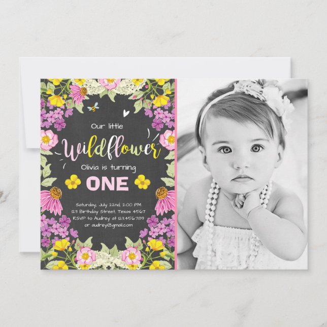 Blommigt Flickans rosa på födelsedagen Inbjudningar (Framsida)