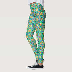 Blommigt Flower Geometric Mönster Cute Gult Grönt Leggings