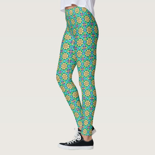 Blommigt Flower Geometric Mönster Cute Gult Grönt Leggings (Vänster)