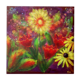 Blommigt Flowers Flower Abstrakt Art Red Gult Kakelplatta