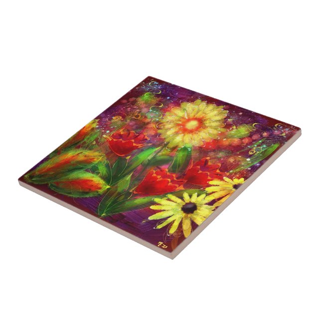 Blommigt Flowers Flower Abstrakt Art Red Gult Kakelplatta (Sidan)