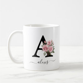 Blommigt Flowers Monogram Namn i Rosa ros Kaffemugg