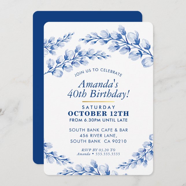 BLOMMIGT FÖDELSEDAGSFEST INBJUDAN söt porslinblått (Fram/baksida)