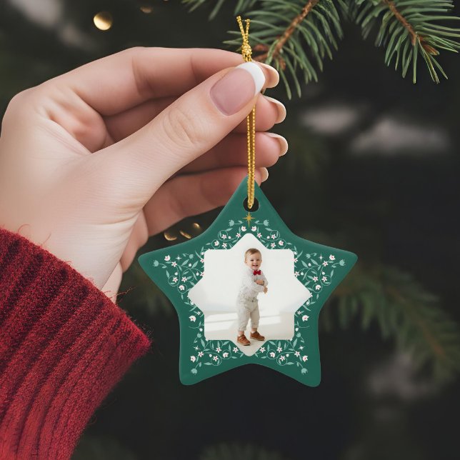 Blommigt Foliage Elegant Grönt Star 2 Photo Keepsa Julgransprydnad Keramik (Floral Foliage Elegant Green Star 2 Photo Keepsake Ceramic Ornament)