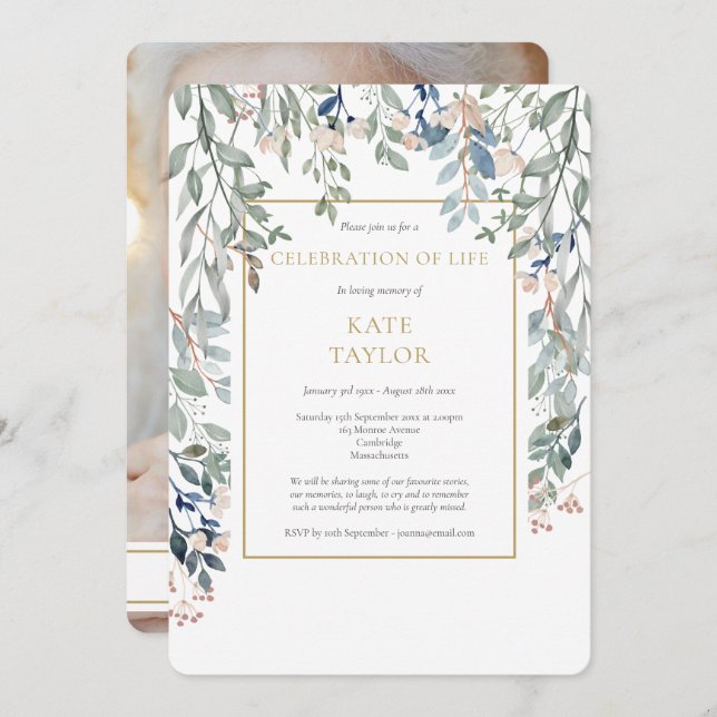 Blommigt Foliage Photo Funeral Firande of Life Inbjudningar (Fram/baksida)