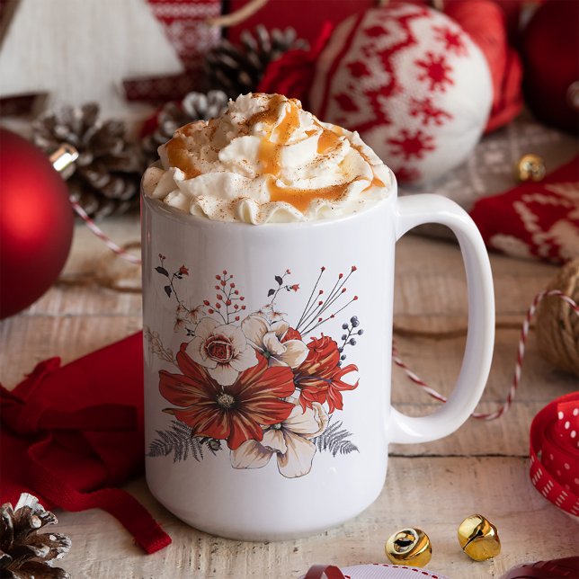 Blommigt Foliage Red Cream Namn Kaffemugg (Skapare uppladdad)