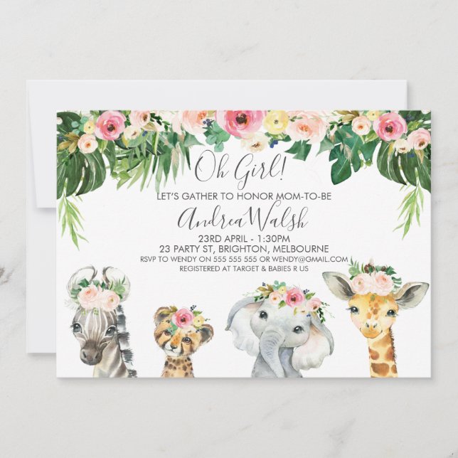 Blommigt Foliage Safari Animals Baby Shower Inbjudningar (Framsida)