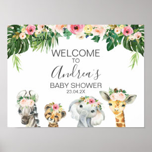 Blommigt Foliage Safari Animals Baby Shower Välkom Poster