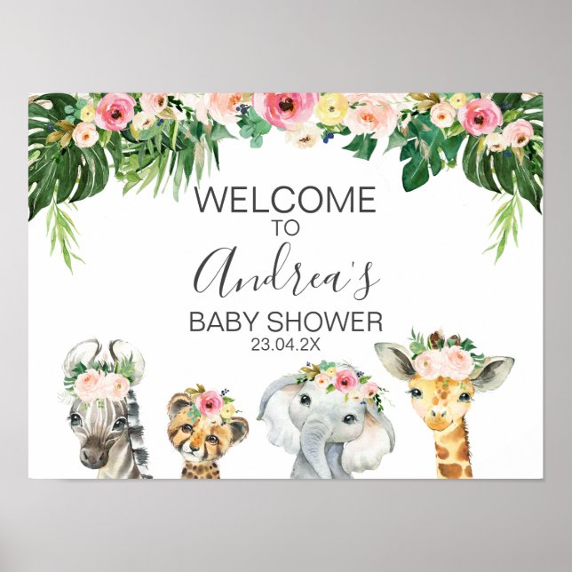 Blommigt Foliage Safari Animals Baby Shower Välkom Poster (Framsidan)