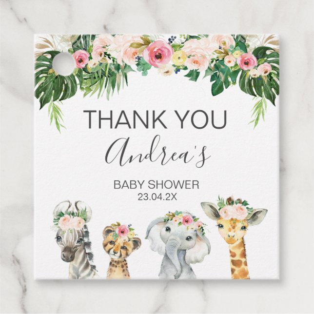Blommigt Foliage Safari Baby Shower Gåvor Etiketter (Framsida)