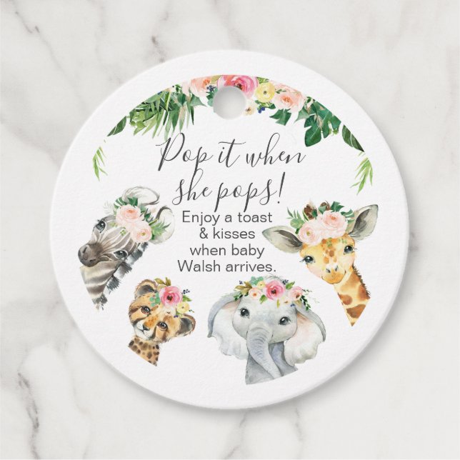 Blommigt Foliage Safari Baby Shower Pop it Gåvor Etiketter (Framsida)