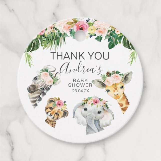 Blommigt Foliage Safari Baby Shower Round Gåvor Etiketter (Framsida)