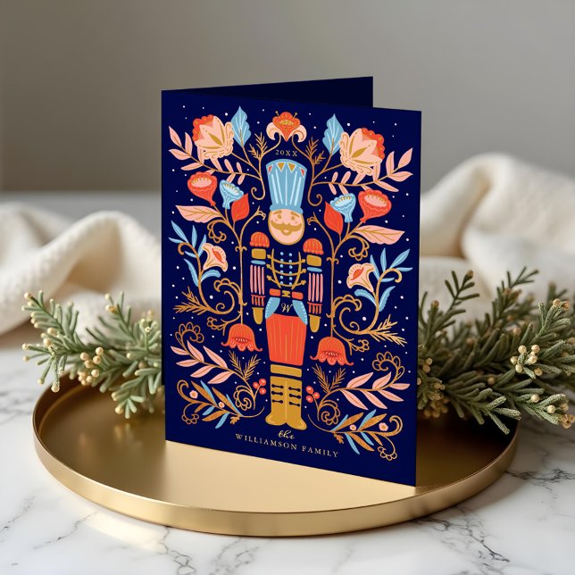 Blommigt Folk Art Deep Blue Helgkort (Christmas Nutcracker Floral Folk Art Deep Blue Holiday Card)