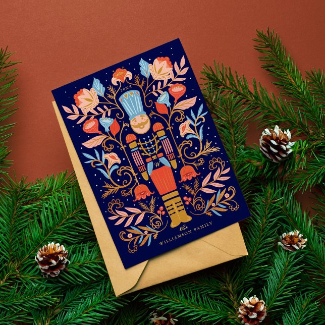 Blommigt Folk Art Deep Blue Julkort (Christmas Nutcracker Floral Folk Art Deep Blue Holiday Card)