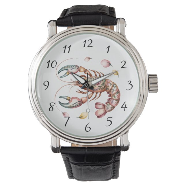 Blommigt Folk Art Lobster Illustration Armbandsur (Framsida)