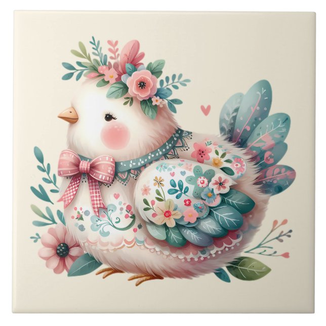 Blommigt Folk Bird med Pastel Boho Charm Kakelplatta (Framsidan)